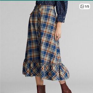 Ralph Lauren Double RL Blue Plaid Midi Skirt with Brown and Cream
